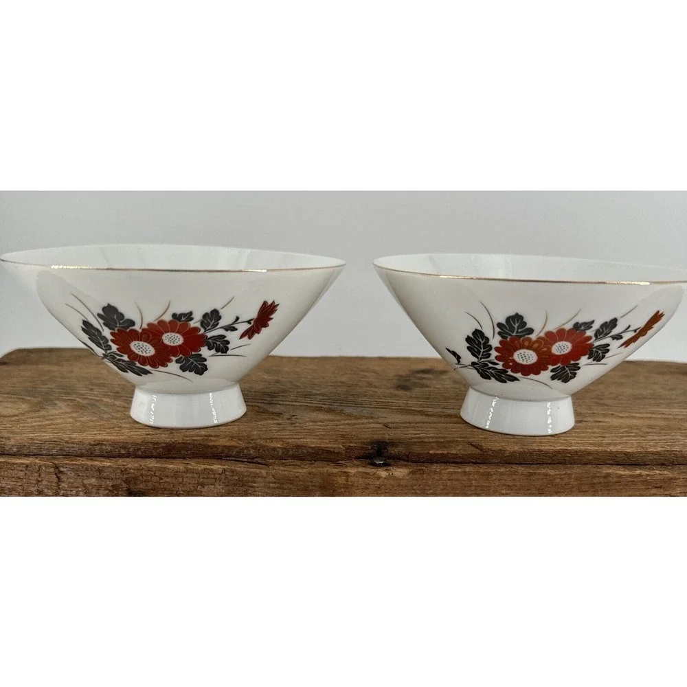 Rice Bowls Set of 4 Japanese Porcelain Vintage Red Poppy Floral Gold‎ Trim